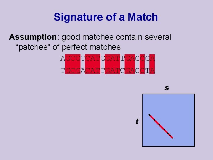 Signature of a Match Assumption: good matches contain several “patches” of perfect matches AGCGCCATGGATTGAGCGA