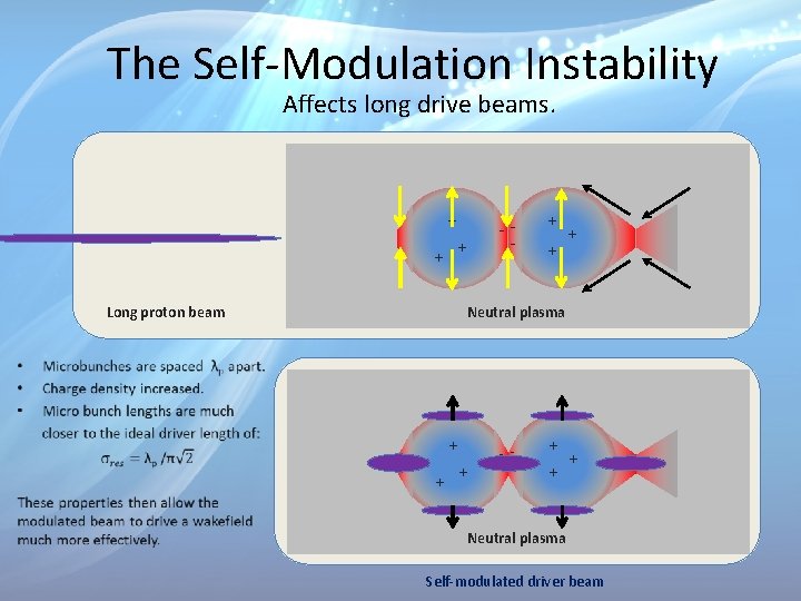 The Self-Modulation Instability Affects long drive beams. + + + Long proton beam --