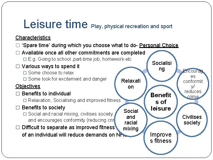 Leisure time Play, physical recreation and sport Characteristics � ‘Spare time’ during which you Leisure time Play, physical recreation and sport Characteristics � ‘Spare time’ during which you