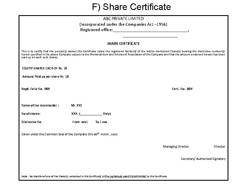 F) Share Certificate ABC PRIVATE LIMITED (Incorporated under the Companies Act – 1956) Registered
