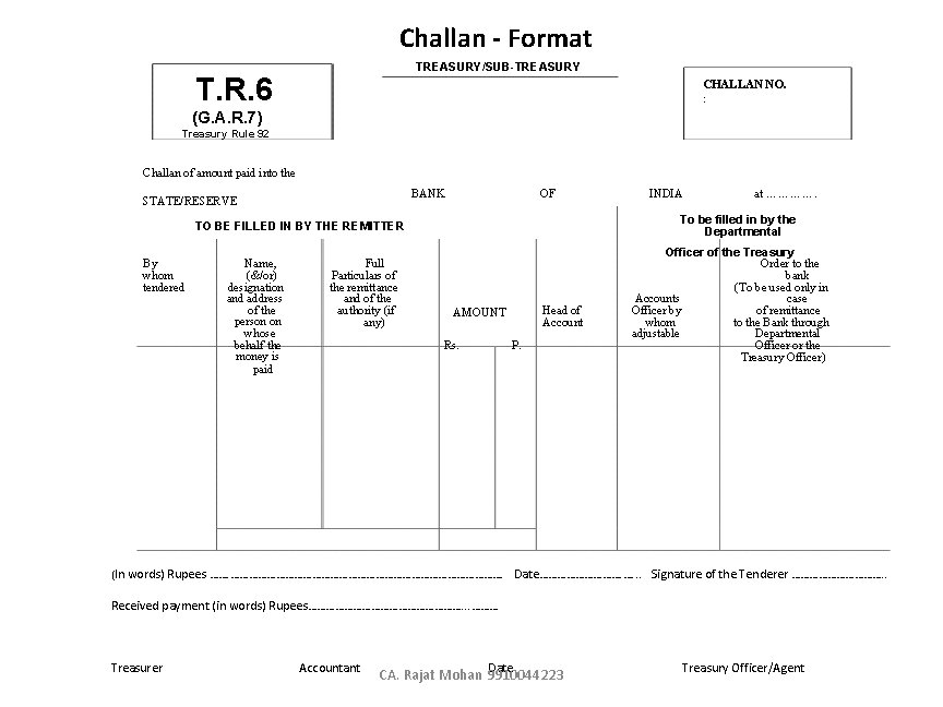 Challan - Format TREASURY/SUB-TREASURY T. R. 6 CHALLAN NO. : (G. A. R. 7)