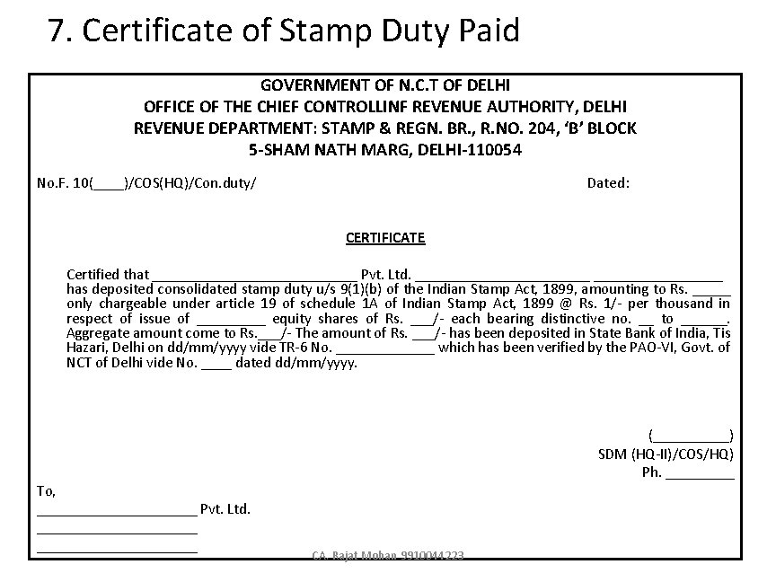 7. Certificate of Stamp Duty Paid GOVERNMENT OF N. C. T OF DELHI OFFICE
