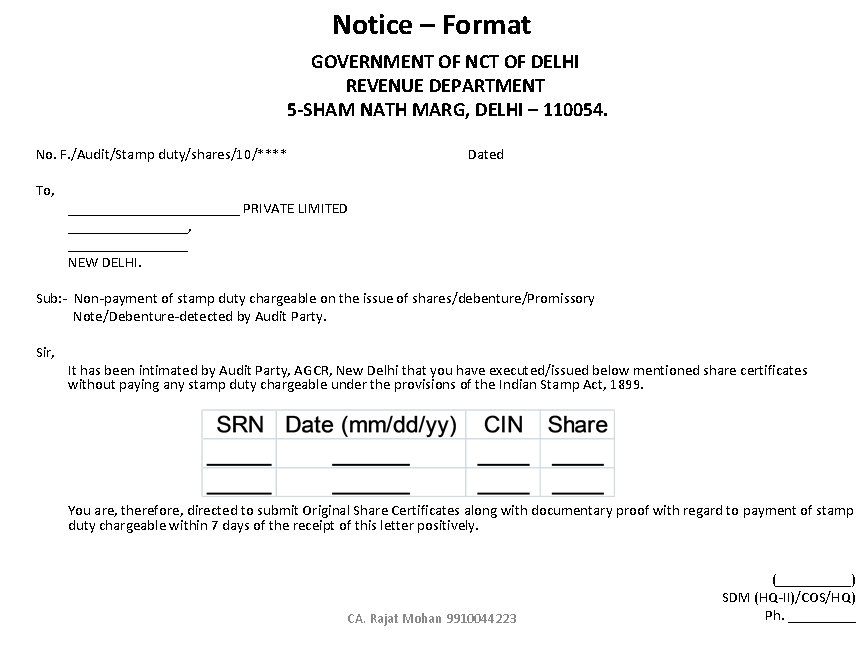 Notice – Format GOVERNMENT OF NCT OF DELHI REVENUE DEPARTMENT 5 -SHAM NATH MARG,