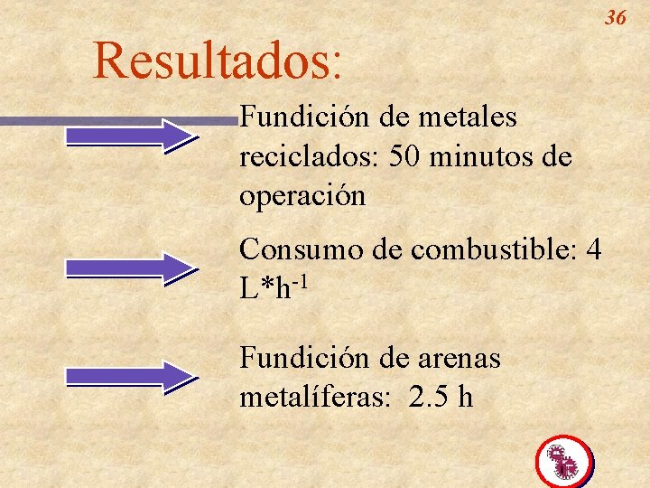 36 Resultados: Fundición de metales reciclados: 50 minutos de operación Consumo de combustible: 4