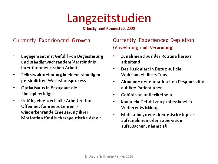 Langzeitstudien (Orlinsky und Ronnestad, 2009) Currently Experienced Growth • • Engagement mit Gefühl von Langzeitstudien (Orlinsky und Ronnestad, 2009) Currently Experienced Growth • • Engagement mit Gefühl von