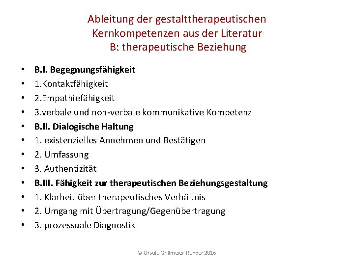 Ableitung der gestalttherapeutischen Kernkompetenzen aus der Literatur B: therapeutische Beziehung • • • B. Ableitung der gestalttherapeutischen Kernkompetenzen aus der Literatur B: therapeutische Beziehung • • • B.