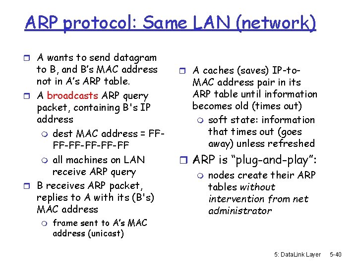 ARP protocol: Same LAN (network) r A wants to send datagram to B, and