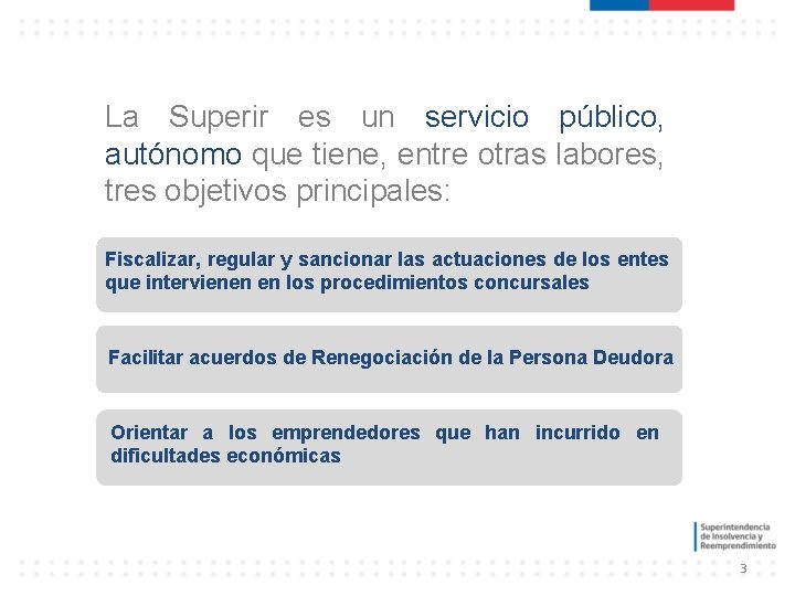 La Superir es un servicio público, autónomo que tiene, entre otras labores, tres objetivos La Superir es un servicio público, autónomo que tiene, entre otras labores, tres objetivos