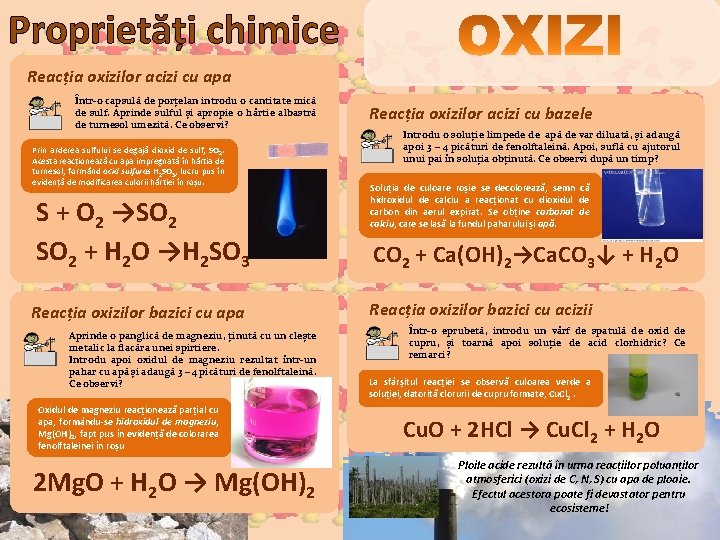 Proprietăți chimice Reacția oxizilor acizi cu apa Într-o capsulă de porțelan introdu o cantitate