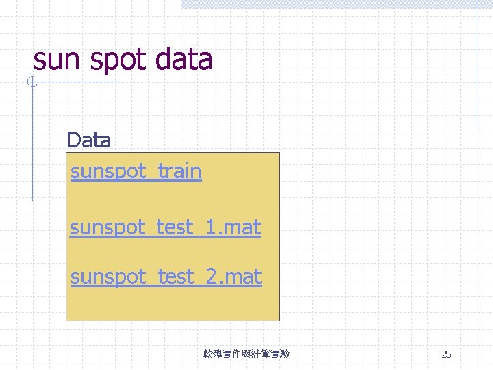 sun spot data Data sunspot_train sunspot_test_1. mat sunspot_test_2. mat 軟體實作與計算實驗 25 