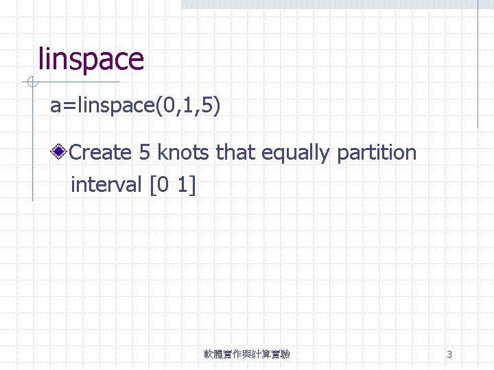 linspace a=linspace(0, 1, 5) Create 5 knots that equally partition interval [0 1] 軟體實作與計算實驗