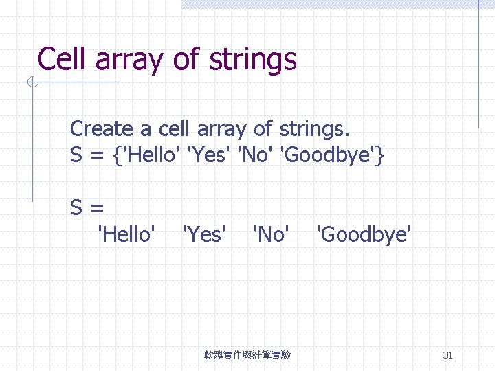 Cell array of strings Create a cell array of strings. S = {'Hello' 'Yes'