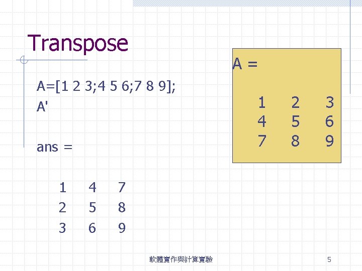 Transpose A= A=[1 2 3; 4 5 6; 7 8 9]; A' ans =