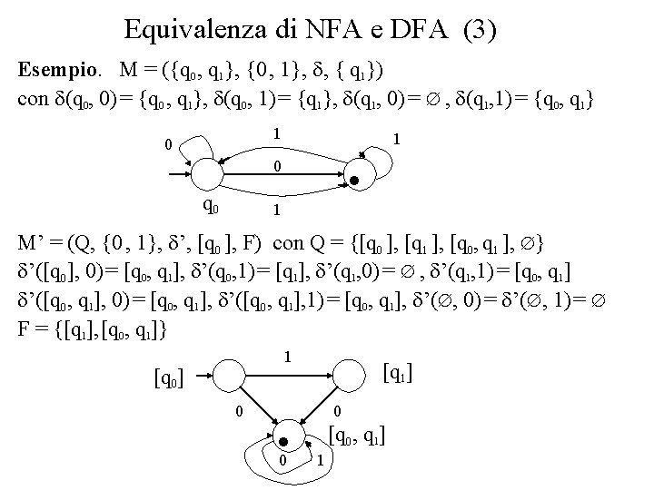 Equivalenza di NFA e DFA (3) Esempio. M = ({q 0 , q 1},