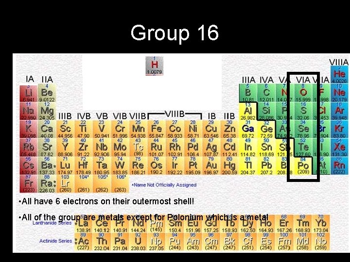 Group 16 • All have 6 electrons on their outermost shell! • All of