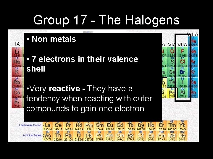 Group 17 - The Halogens • Non metals • 7 electrons in their valence