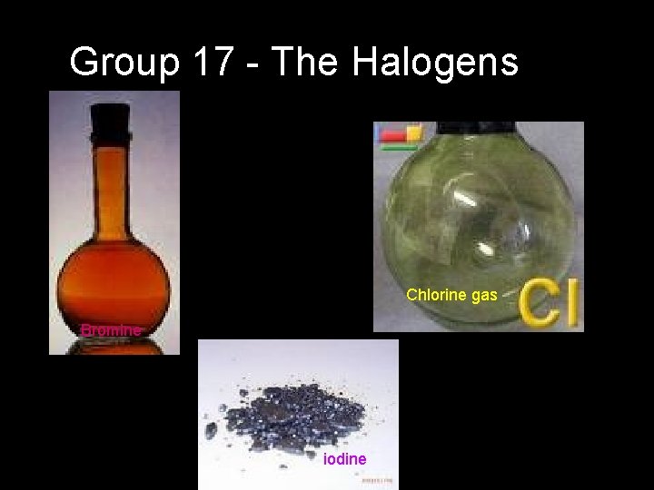 Group 17 - The Halogens Chlorine gas Bromine iodine 