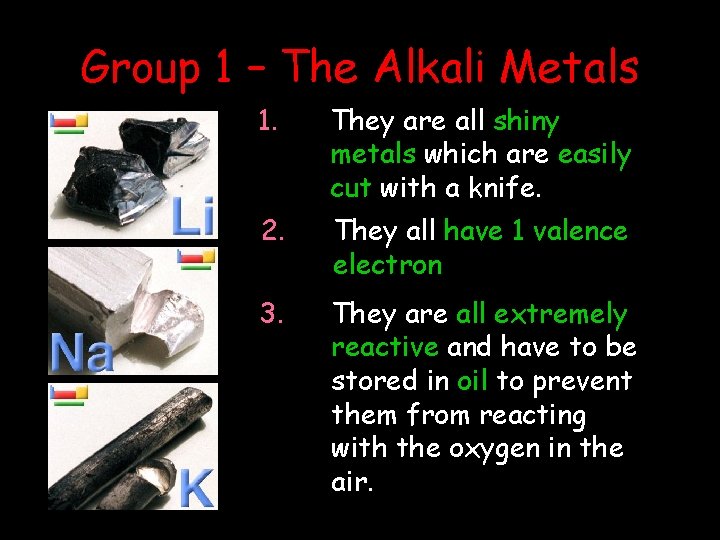 Group 1 – The Alkali Metals 1. They are all shiny metals which are