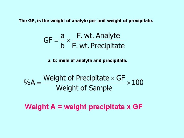 The GF, is the weight of analyte per unit weight of precipitate. a, b: