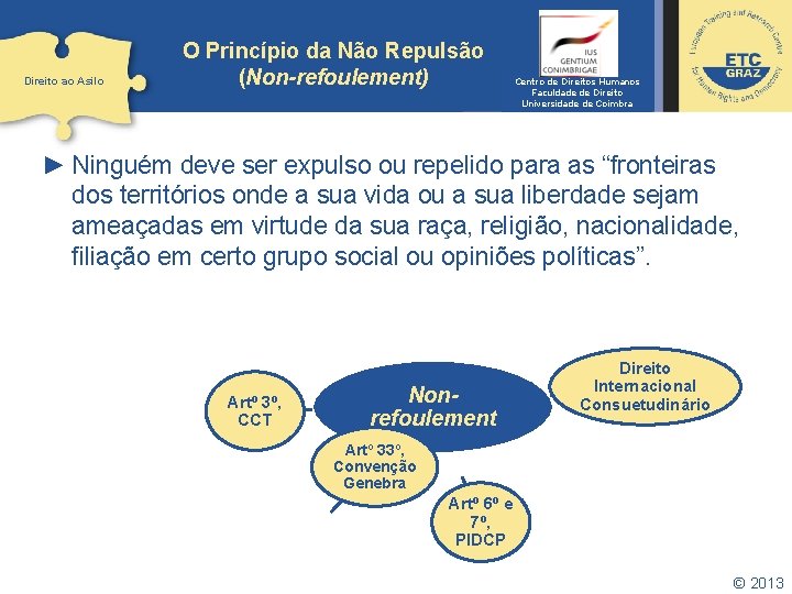 Direito ao Asilo O Princípio da Não Repulsão (Non-refoulement) Centro de Direitos Humanos Faculdade Direito ao Asilo O Princípio da Não Repulsão (Non-refoulement) Centro de Direitos Humanos Faculdade