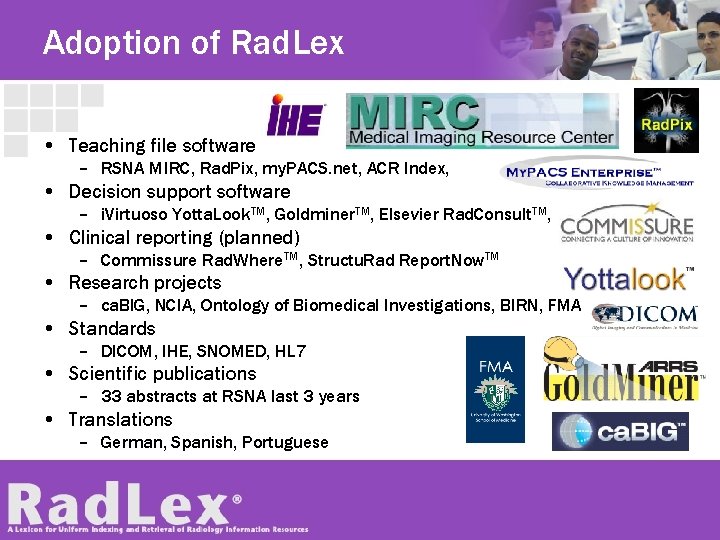 Adoption of Rad. Lex • Teaching file software – RSNA MIRC, Rad. Pix, my.