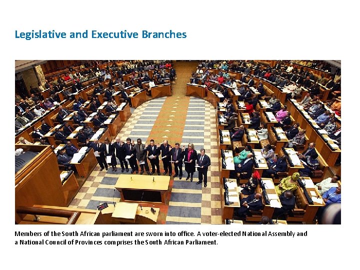 Legislative and Executive Branches Members of the South African parliament are sworn into office. Legislative and Executive Branches Members of the South African parliament are sworn into office.