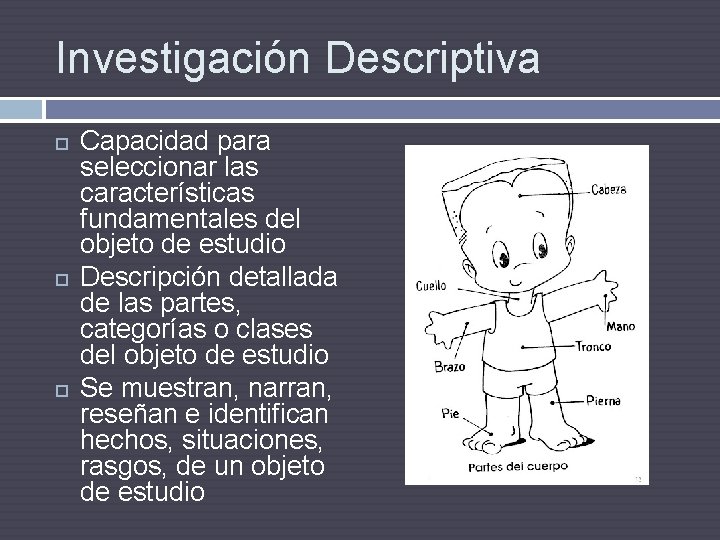 Investigación Descriptiva Capacidad para seleccionar las características fundamentales del objeto de estudio Descripción detallada