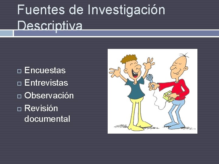 Fuentes de Investigación Descriptiva Encuestas Entrevistas Observación Revisión documental 
