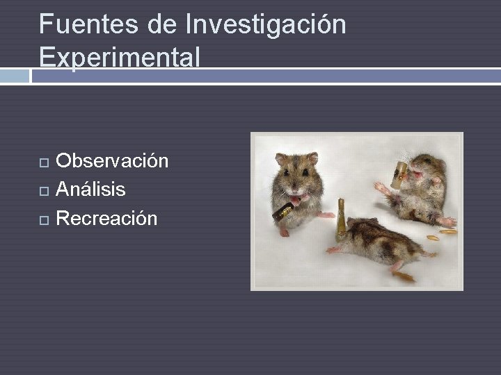 Fuentes de Investigación Experimental Observación Análisis Recreación 
