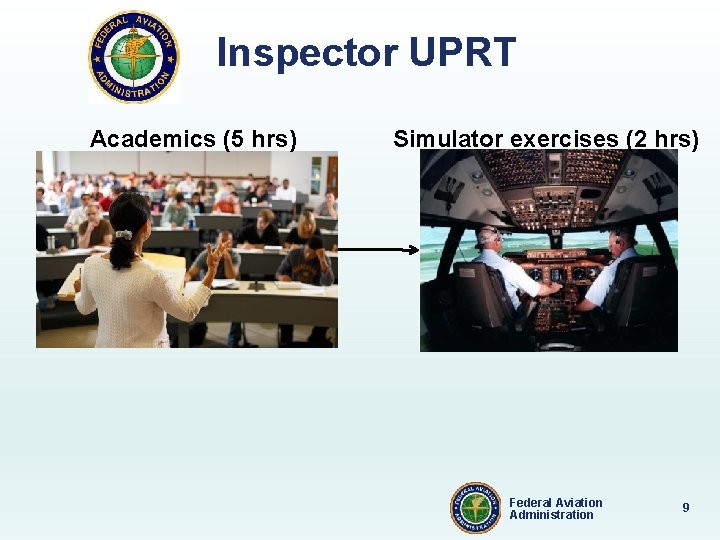 Inspector UPRT Academics (5 hrs) Simulator exercises (2 hrs) Federal Aviation Administration 9 