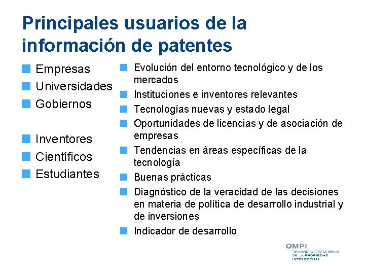 Principales usuarios de la información de patentes Empresas Universidades Gobiernos Inventores Científicos Estudiantes Evolución