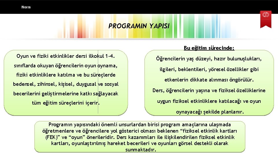 Norm PROGRAMIN YAPISI Bu eğitim sürecinde; Oyun ve fiziki etkinlikler dersi ilkokul 1‐ 4.