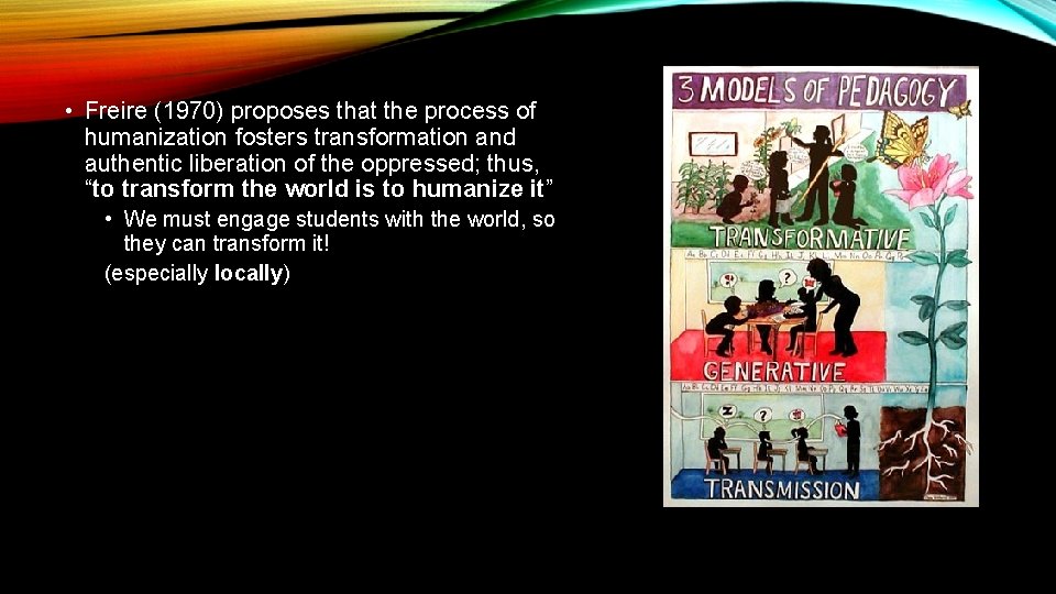  • Freire (1970) proposes that the process of humanization fosters transformation and authentic