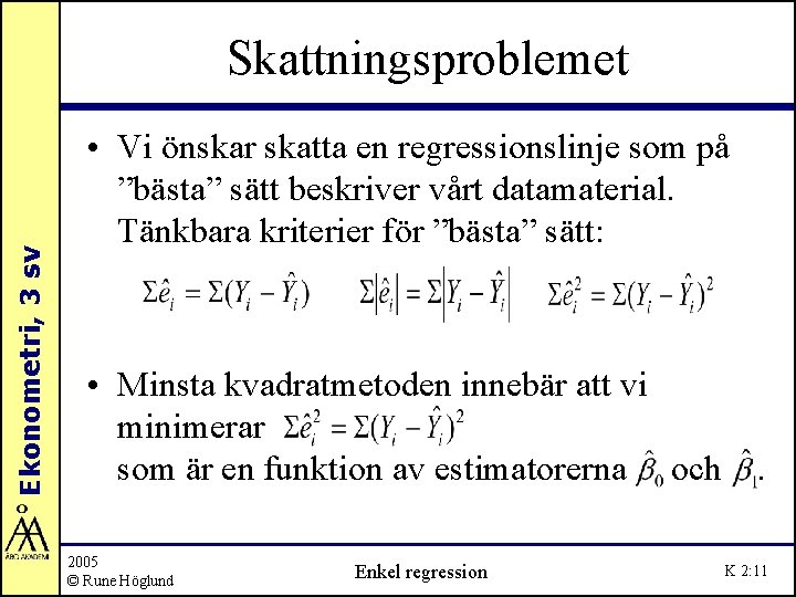 Ekonometri, 3 sv Skattningsproblemet • Vi önskar skatta en regressionslinje som på ”bästa” sätt