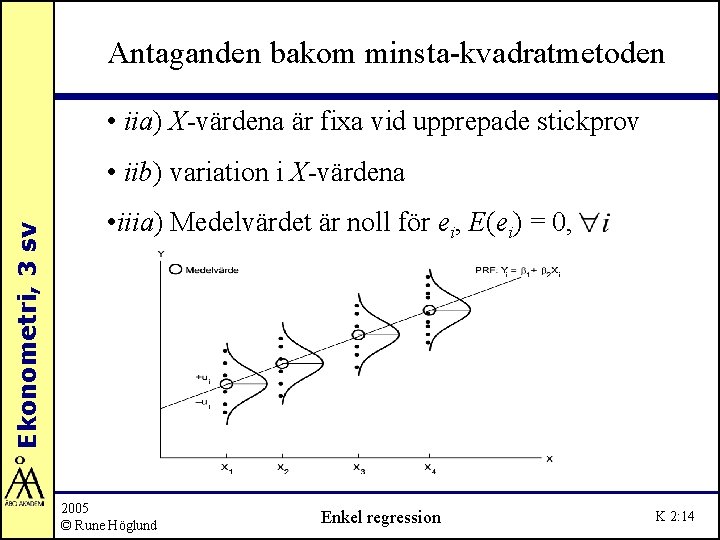 Antaganden bakom minsta-kvadratmetoden • iia) X-värdena är fixa vid upprepade stickprov Ekonometri, 3 sv