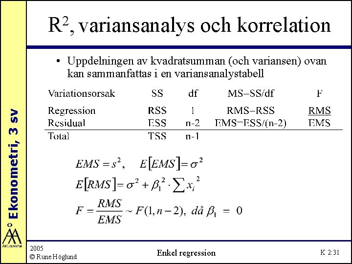 2 R , variansanalys och korrelation Ekonometri, 3 sv • Uppdelningen av kvadratsumman (och
