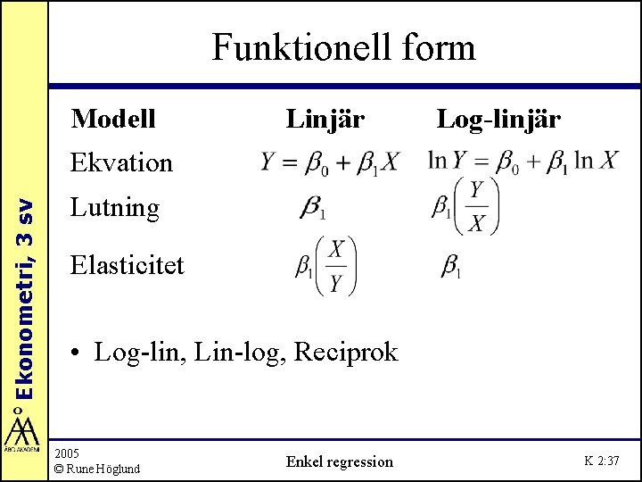 Funktionell form Modell Linjär Log-linjär Ekonometri, 3 sv Ekvation Lutning Elasticitet • Log-lin, Lin-log,