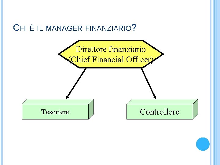 CHI È IL MANAGER FINANZIARIO? Direttore finanziario (Chief Financial Officer) Tesoriere Controllore 