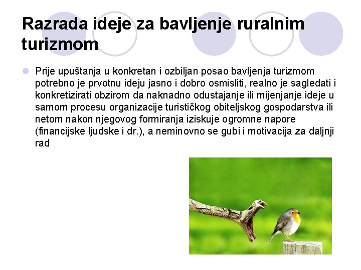 Razrada ideje za bavljenje ruralnim turizmom l Prije upuštanja u konkretan i ozbiljan posao