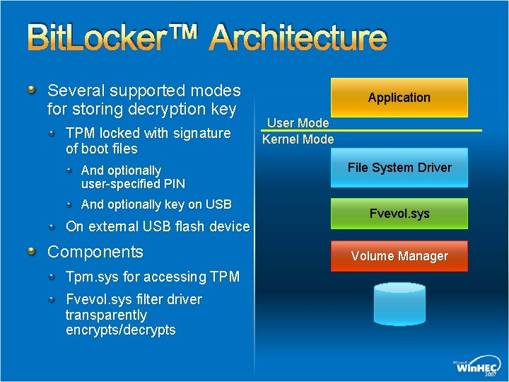 Bit. Locker™ Architecture Several supported modes for storing decryption key TPM locked with signature