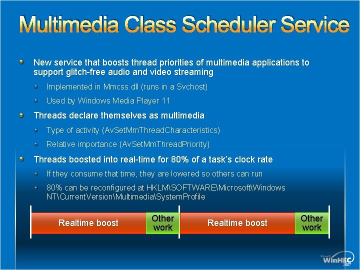 Multimedia Class Scheduler Service New service that boosts thread priorities of multimedia applications to