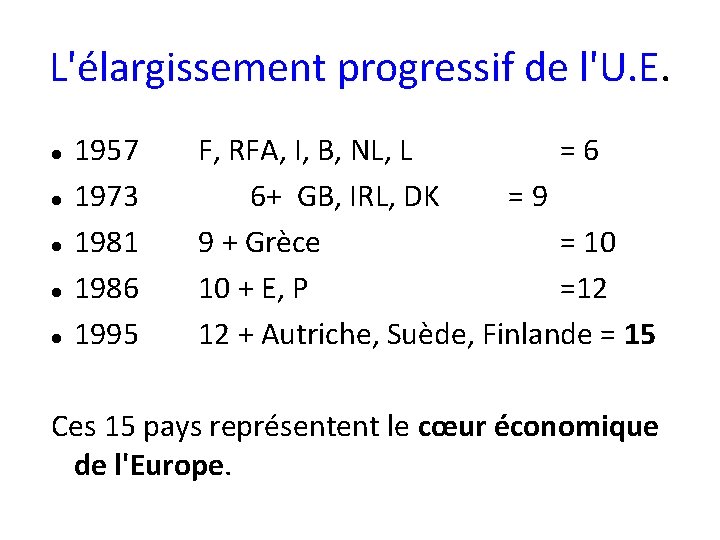 L'élargissement progressif de l'U. E. 1957 1973 1981 1986 1995 F, RFA, I, B,