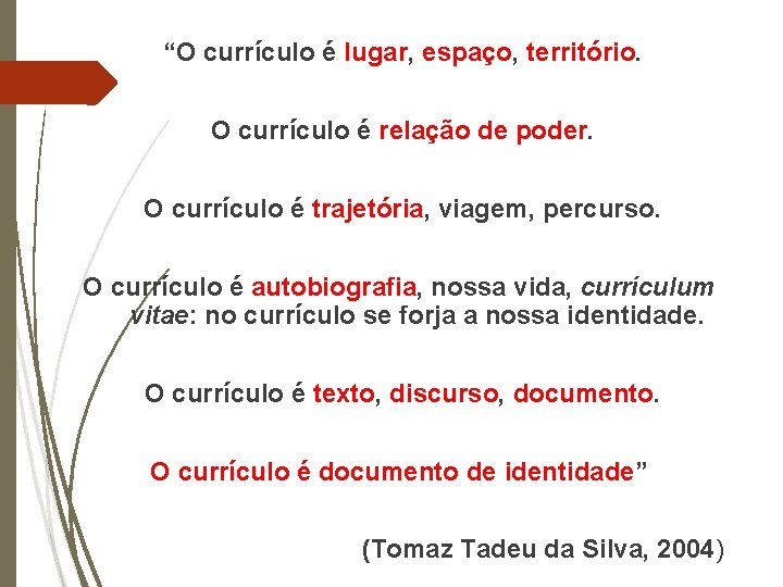 “O currículo é lugar, espaço, território. O currículo é relação de poder. O currículo