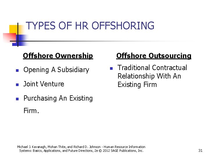 TYPES OF HR OFFSHORING Offshore Ownership n Opening A Subsidiary n Joint Venture n TYPES OF HR OFFSHORING Offshore Ownership n Opening A Subsidiary n Joint Venture n