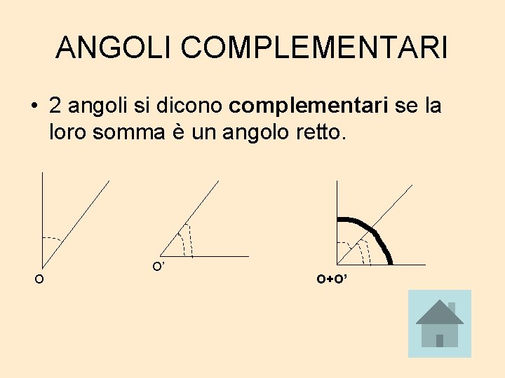 ANGOLI COMPLEMENTARI • 2 angoli si dicono complementari se la loro somma è un