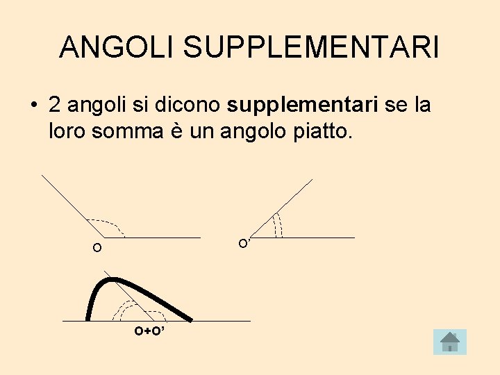 ANGOLI SUPPLEMENTARI • 2 angoli si dicono supplementari se la loro somma è un