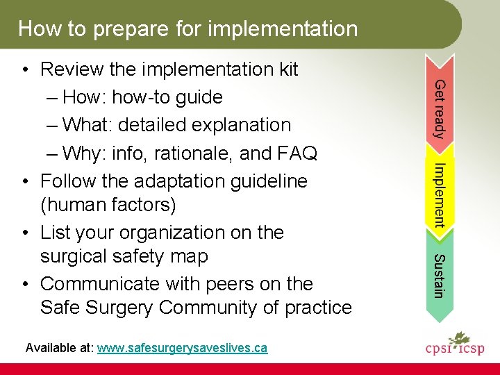 How to prepare for implementation Available at: www. safesurgerysaveslives. ca Sustain • Review the