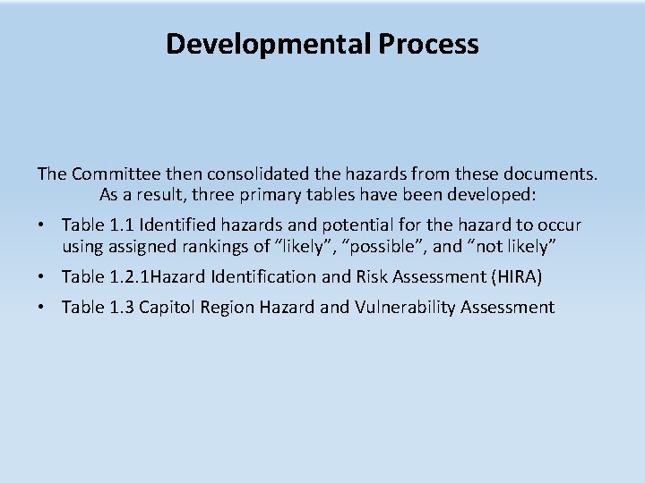 Developmental Process The Committee then consolidated the hazards from these documents. As a result,