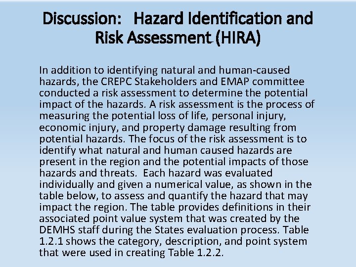 Discussion: Hazard Identification and Risk Assessment (HIRA) In addition to identifying natural and human-caused