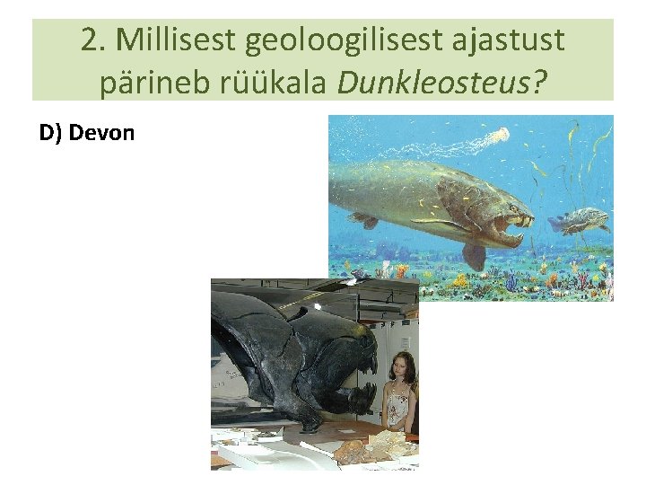 2. Millisest geoloogilisest ajastust pärineb rüükala Dunkleosteus? D) Devon 